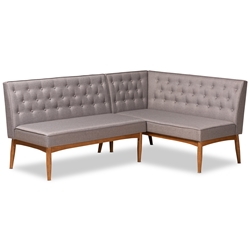 Baxton Studio Riordan Mid-Century Modern Grey Fabric Upholstered and Walnut Brown Finished Wood 2-Piece Dining Nook Banquette Set
